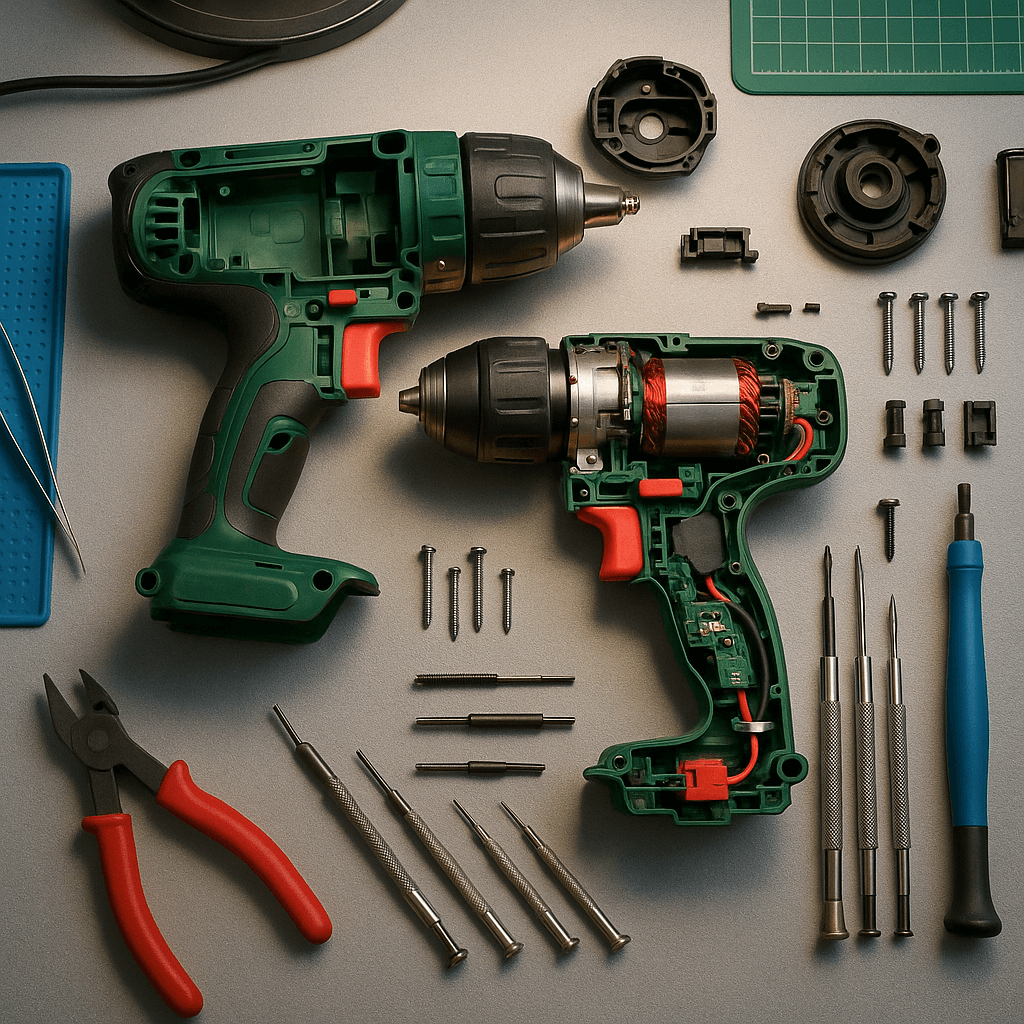 מקדחה מפורקת במעבדת תיקונים